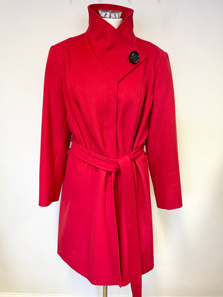PER UNA RED WOOL BLEND KNEE LENGTH BELTED COAT SIZE M