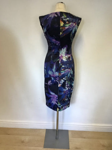 KAREN MILLEN BLACK & BLUE WITH FLORAL PRINT PENCIL DRESS SIZE 10