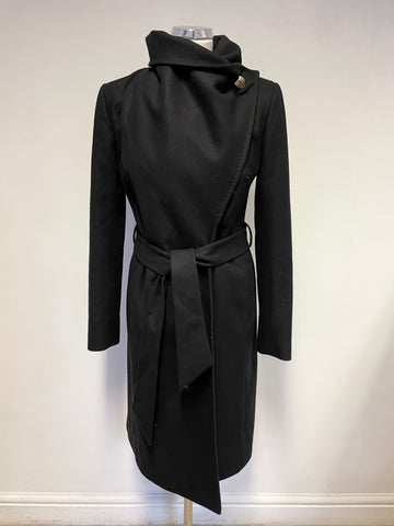 TED BAKER BLACK DANITA WRAP AROSS WOOL & CASHMERE BLEND BELTED KNEE LENGTH COAT SIZE 2 UK 10