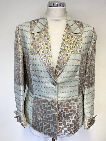 HELEN SYKES DUCK EGG & GOLD PRINT FITTED SPECIAL OCCASION JACKET SIZE 16