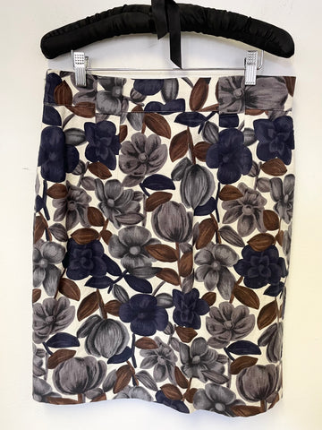 BODEN IVORY WITH BLUE, BROWN & GREY FLORAL PRINT COTTON & LINEN STRAIGHT SKIRT SIZE 14R