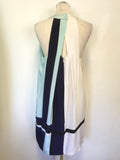 WHISTLES WHITE,NAVY & TURQUOISE SILK COLOUR BLOCK SHIFT DRESS SIZE 14