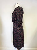 BRORA DARK GREY, GREEN & PURPLE FLORAL PRINT WOOL BLEND TEA DRESS SIZE 10