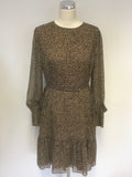 LK BENNETT DAKOTA BROWN ANIMAL PRINT LONG SLEEVE CHIFFON DRESS SIZE 14