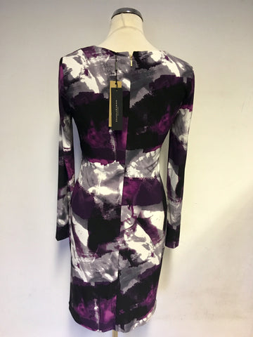 BRAND NEW DONNA KARAN PURPLE PRINT TWIST FRONT LONG SLEEVE DRESS SIZE UK 8