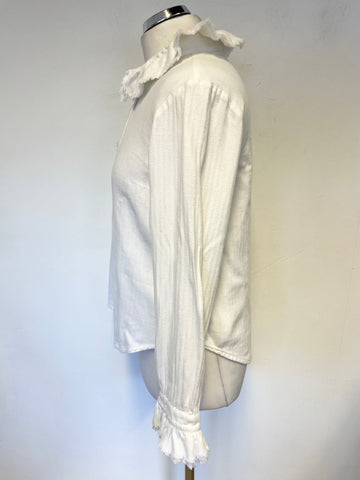 CABBAGES & ROSES WHITE BRUSHED COTTON FRILLED COLLAR & CUFFS BLOUSE SIZE S