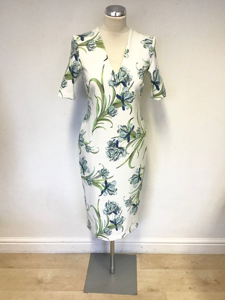 BRAND NEW MARKS & SPENCER AUTOGRAPH IVORY BLUE & GREEN FLORAL PENCIL DRESS SIZE 10