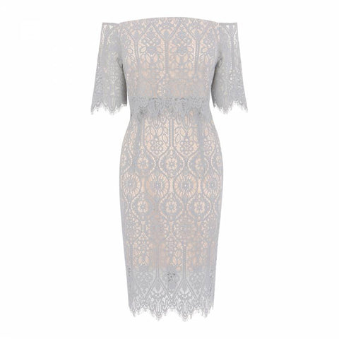 BRAND NEW COAST MARSHA SILVER GREY OFF SHOULDER LACE PENCIL DRESS SIZE 12