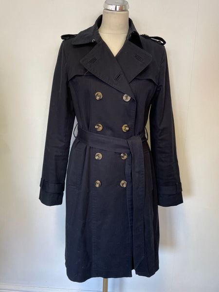 HOBBS NAVY BLUE COTTON DOUBLE BREASTED TIE BELT TRENCH COAT SIZE 12