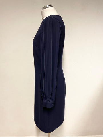 HOBBS NAVY BLUE ROUND NECK SEAM DETAILED LONG SLEEVED SHIFT DRESS SIZE 8