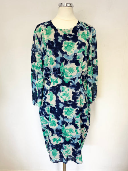 WHISTLES GREEN,IVORY & BLUE SILK REAR ZIP FEATURE 3/4 SLEEVE PENCIL DRESS SIZE 12