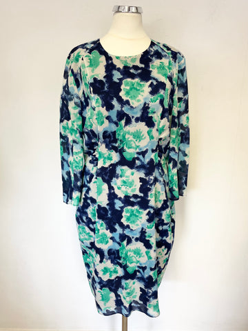 WHISTLES GREEN,IVORY & BLUE SILK REAR ZIP FEATURE 3/4 SLEEVE PENCIL DRESS SIZE 12