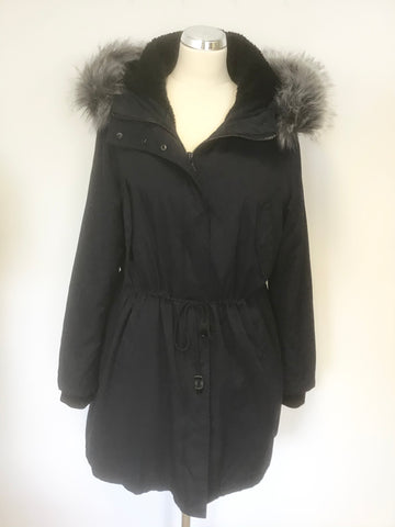 JIGSAW DARK BLUE HOODED FAUX FUR TRIM PARKA JACKET SIZE 16