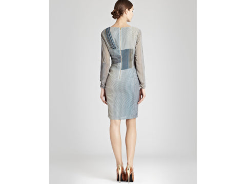 REISS BEULAH BLUE,GREY & BROWN PRINT CHIFFON DRAPED LONG SLEEVE DRESS SIZE 14