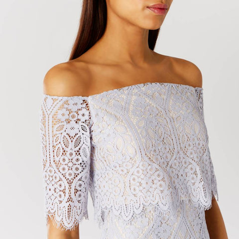 BRAND NEW COAST MARSHA SILVER GREY OFF SHOULDER LACE PENCIL DRESS SIZE 12