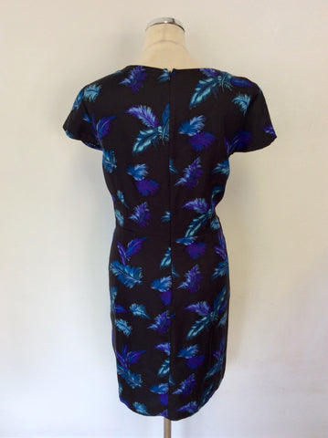 PHASE EIGHT BLACK,TURQOUISE & BLUE FEATHER PRINT SILK DRESS SIZE 16