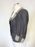 KAREN MILLEN DARK GREY DENIM & LIGHT GREY TRIM 3/4 SLEEVE FITTED JACKET SIZE 12