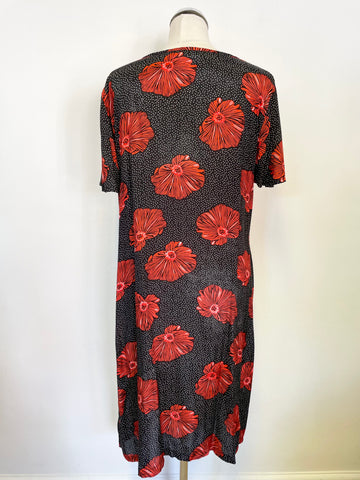 MASAI BLACK & RED FLORAL PRINT SHORT SLEEVE SHIFT DRESS SIZE M