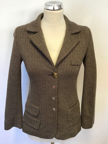 AVOCA ORIGIN BROWN HERRINGBONE WOOL BLEND JACKET SIZE 1 UK 8/10