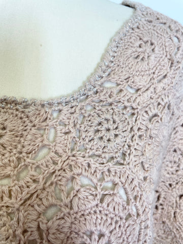 QVEEN LONDON NUDE PINK & SILVER METALLIC THREAD WOOL BLEND CROCHET PONCHO ONE SIZE