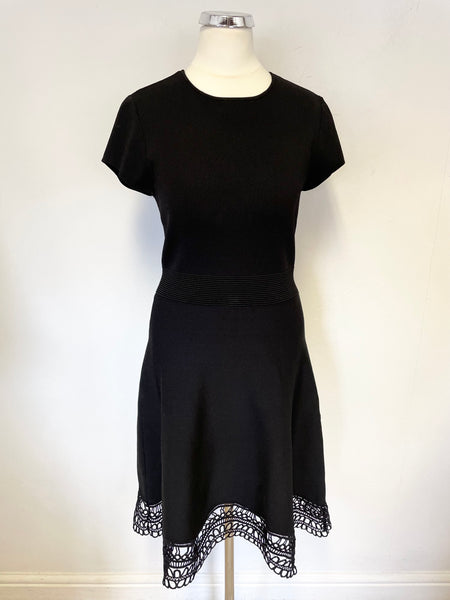 BRAND NEW TED BAKER BLACK STRETCH FINE RIB KNIT LACE HEM FIT & FLARE DRESS SIZE 1 UK 8/10