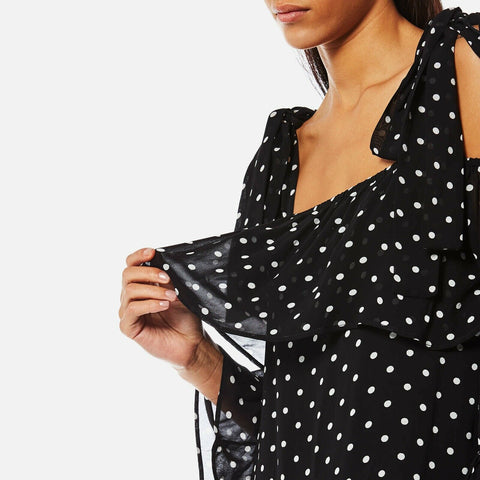 BRAND NEW GANNI BLACK & WHITE SPOT MONETTE GEORGETTE COLD SHOULDER MIDI DRESS SIZE 36 UK 10