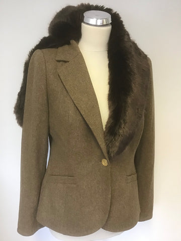 JOULES LARKWORTH BROWN TWEED JACKET WITH DETACHABLE FAUX FUR COLLAR SIZE 14