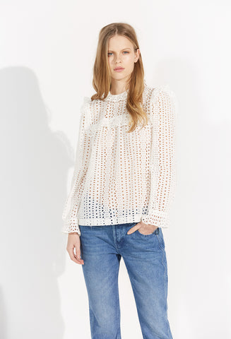 CAUDIE PIERLOT WHITE BROIDERY ANGLAISE HIGH NECK TOP SIZE 38 UK 10