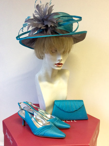 JACQUES VERT TURQOUISE & GREY FEATHER TRIM  FORMAL HAT