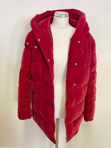 MARKS & SPENCER AUTOGRAPH RED VELOUR PADDED HOODED JACKET SIZE 12