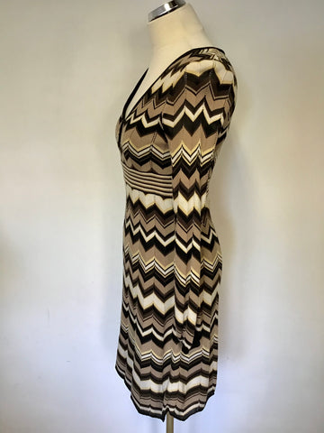 KAREN MILLEN BROWN, BLACK & CREAM ZIG ZAG KNIT DRESS SIZE 1 UK 8/10