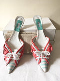 ALIMA WHITE,CORAL & MINT GREEN LEATHER KITTEN HEEL MULES SIZE 5/38