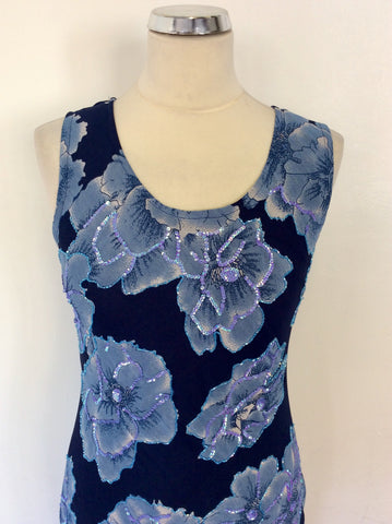 BRAND NEW CASAMIA DARK BLUE FLORAL PRINT SEQUINNED TRIM DRESS SIZE 12