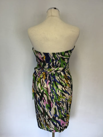 DIANE VON FURSTENBERG MULTI COLOURED PRINT SILK STRAPLESS WRAP DRESS SIZE 10 UK 14