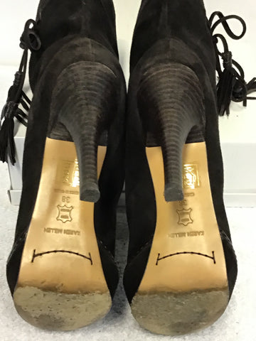 KAREN MILLEN DARK BROWN SUEDE TASSEL TRIM CALF LENGTH BOOTS SIZE 5/38