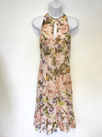 KAREN MILLEN PALE PEACH FLORAL PRINT SILK SLEEVELESS DRESS SIZE 8