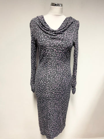 GHOST GREY & PINK PATTERNED LONG SLEEVED STRETCH PENCIL DRESS SIZE 8