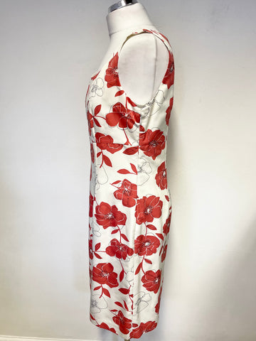 HOBBS IVORY & CORAL FLORAL PRINT SLEEVELESS COTTON & SILK BLEND PENCIL DRESS SIZE 12