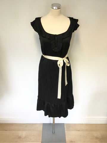 MONSOON BLACK SILK SCOOP NECKLINE WITH PLEATED TRIMS & IVORY TIE BELT DRESS SIZE 10