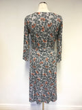 WHITE STUFF GREY,TEAL,WHITE & ORANGE PRINT WRAP STYLE JERSEY DRESS SIZE 10