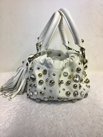 KAREN MILLEN WHITE LEATHER STUDDED TASSEL TRIM HAND BAG