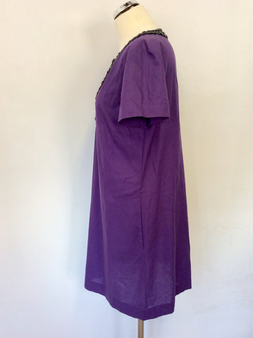 JAEGER PURPLE COTTON & BLACK BEAD EMBELLISHMENT SHIFT DRESS SIZE 12