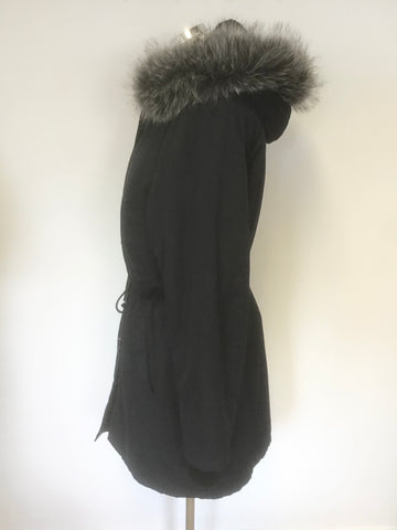 JIGSAW DARK BLUE HOODED FAUX FUR TRIM PARKA JACKET SIZE 16