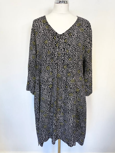 MASAI BLACK,WHITE & YELLOW PRINT V NECK 3/4 SLEEVE TUNIC/ SHORT DRESS SIZE L