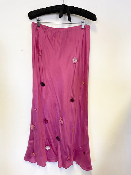 BODEN RASPBERRY PINK FLOWER TRIMMED 100% SILK MIDI SKIRT SIZE 14L