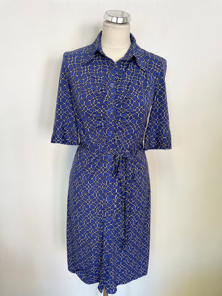 LAUNDRY BY SHELLI SEGAL BLUE PRINT STRETCH BUTTON FRONT BELTED DRESS SIZE 6 UK 10