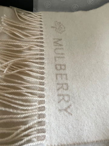 BRAND NEW IN BOX MULBERRY CREAM & BEIGE REVERSIBLE 100% LAMBSWOOL FRINGED SCARF