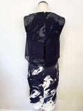 PHASE EIGHT NAVY BLUE & WHITE PRINT SHEER OVERLAY TOP PENCIL DRESS SIZE 14