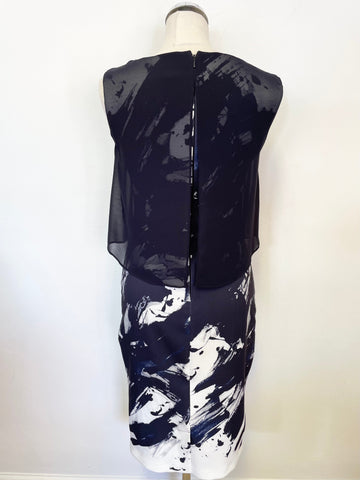 PHASE EIGHT NAVY BLUE & WHITE PRINT SHEER OVERLAY TOP PENCIL DRESS SIZE 14