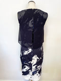 PHASE EIGHT NAVY BLUE & WHITE PRINT SHEER OVERLAY TOP PENCIL DRESS SIZE 10